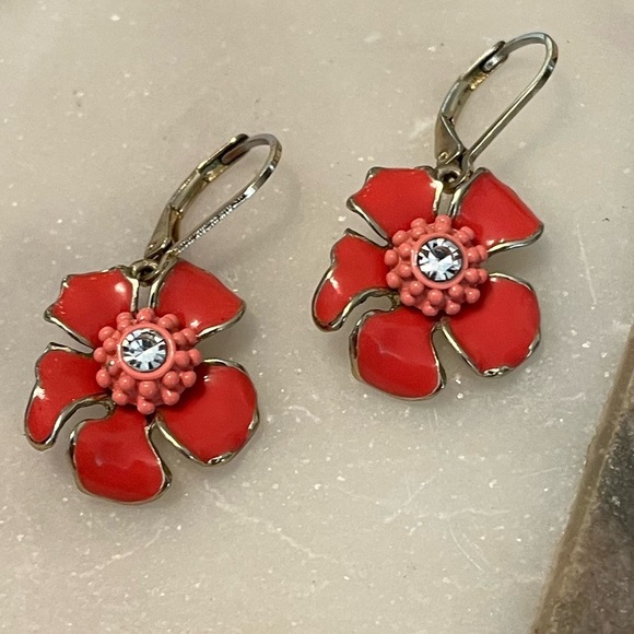 Coral Orange Enamel Floral Drop Earrings Gold Tone - Picture 8 of 12